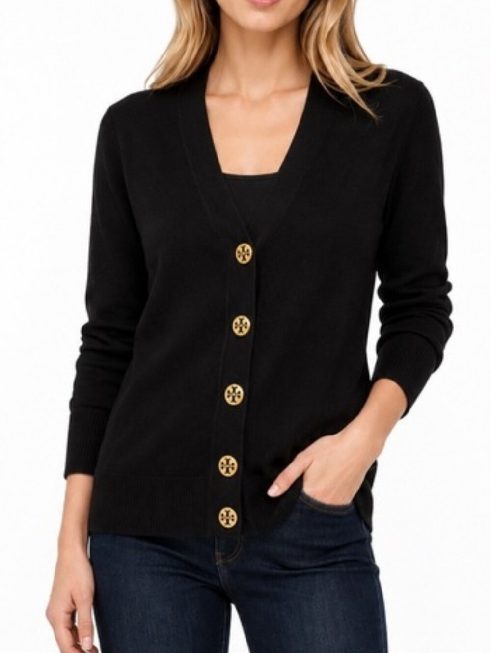 Tory Burch Cardigan Black V-Neck Logo Button Small